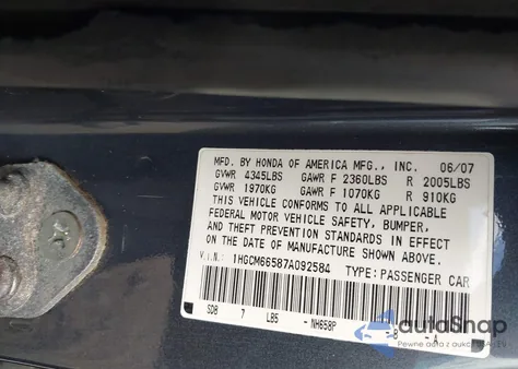 2007 Honda Accord 3.0 Ex из США, поврежденный, VIN 1HGCM66587A092584